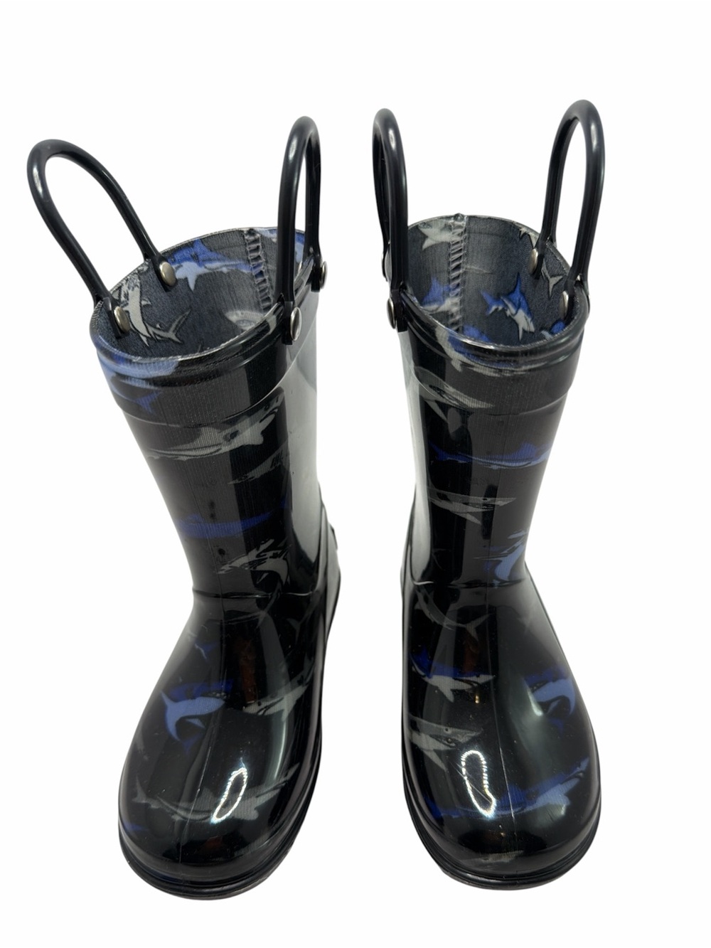 London Fog Kids Black & Blue Shark Rain Boots with Pull Handles Boys Todd size 8